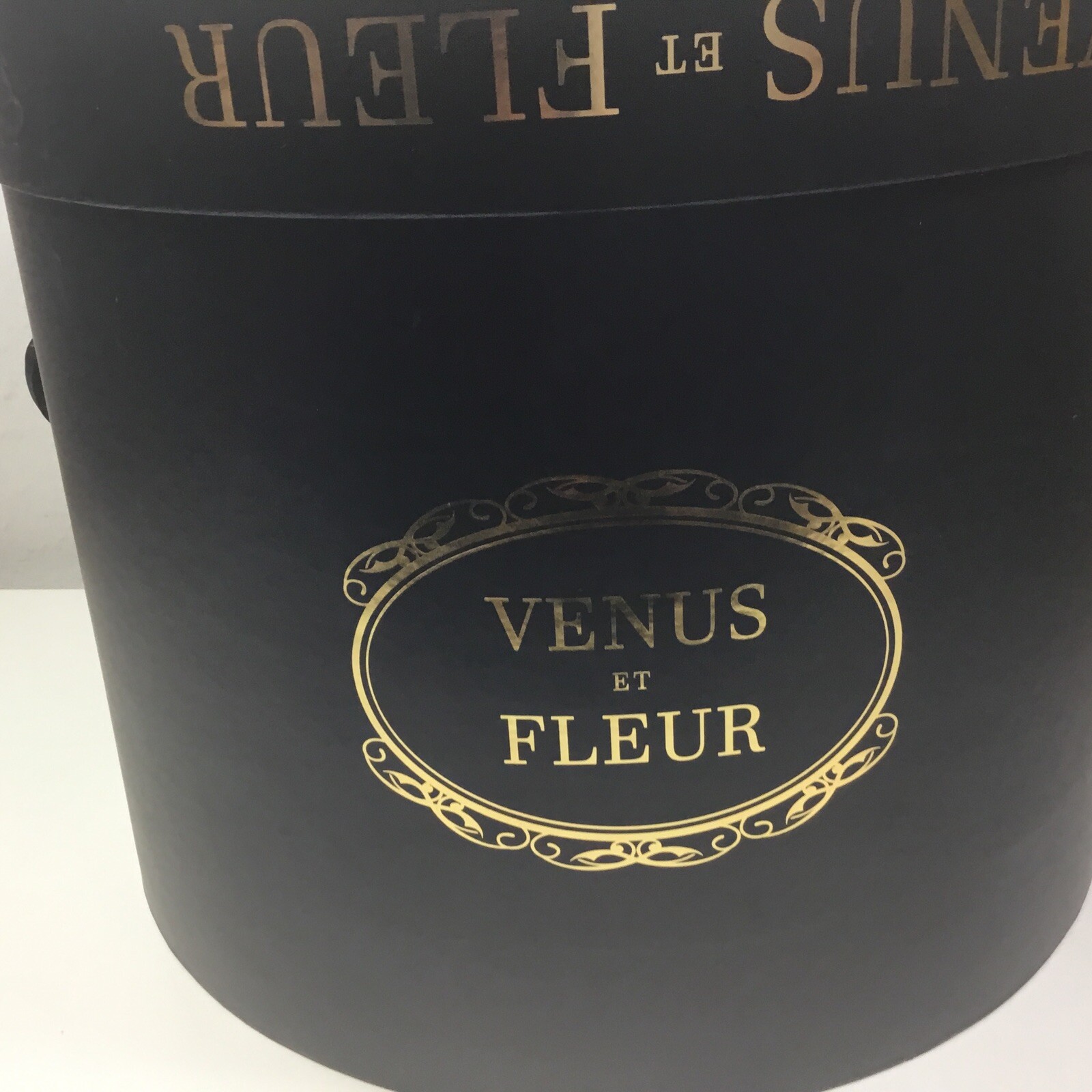 Venus Et Fleur Large Flower Box Black Gold Lettering Violet Roses9”tall 12”dia.