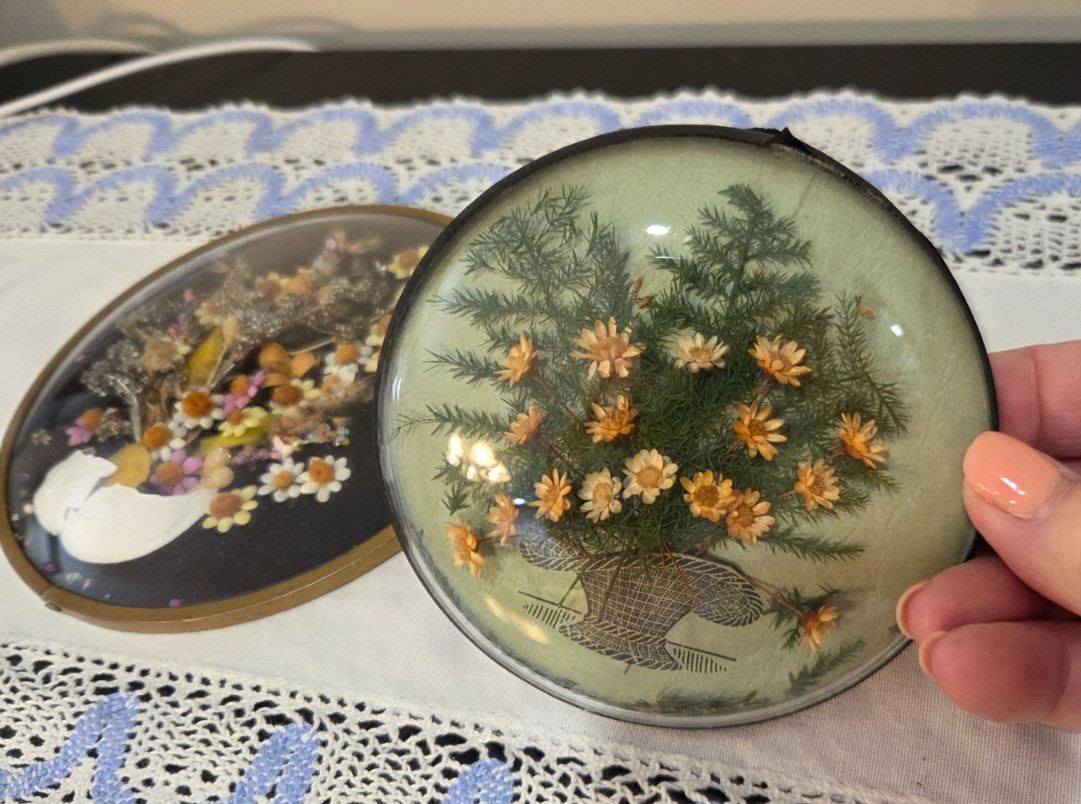 Vintage Domed Bubble Glass Real Dried Flowers in Brass Frame Lot of 2