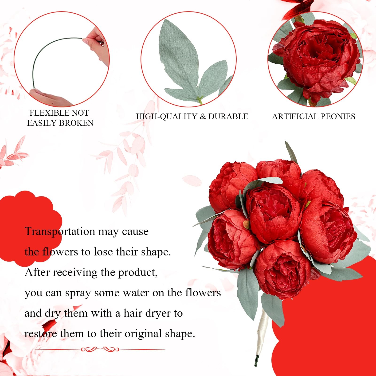 50 PCS Artificial Peonies Flowers Bulk 4 Inch Red Silk Heads Faux Decor