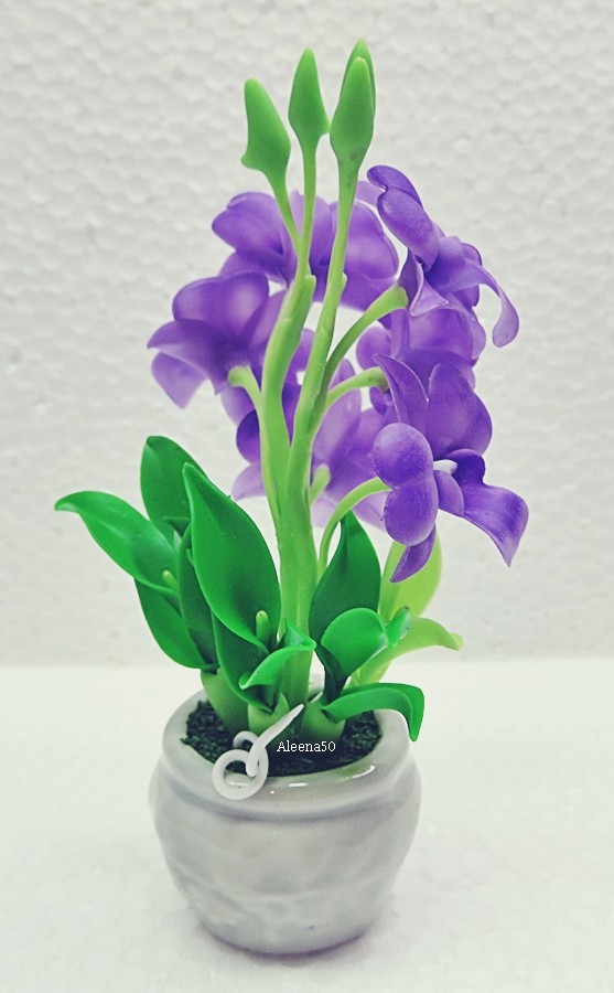 US Stock 4″H Handmade Air-Dry-Clay Miniature Dendrobium Orchid Arranged in Pot