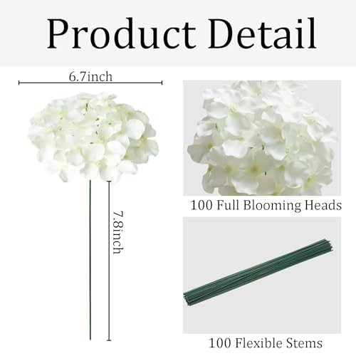 100 Pcs Faux White Hydrangea Artificial Flowers Bulk Silk
