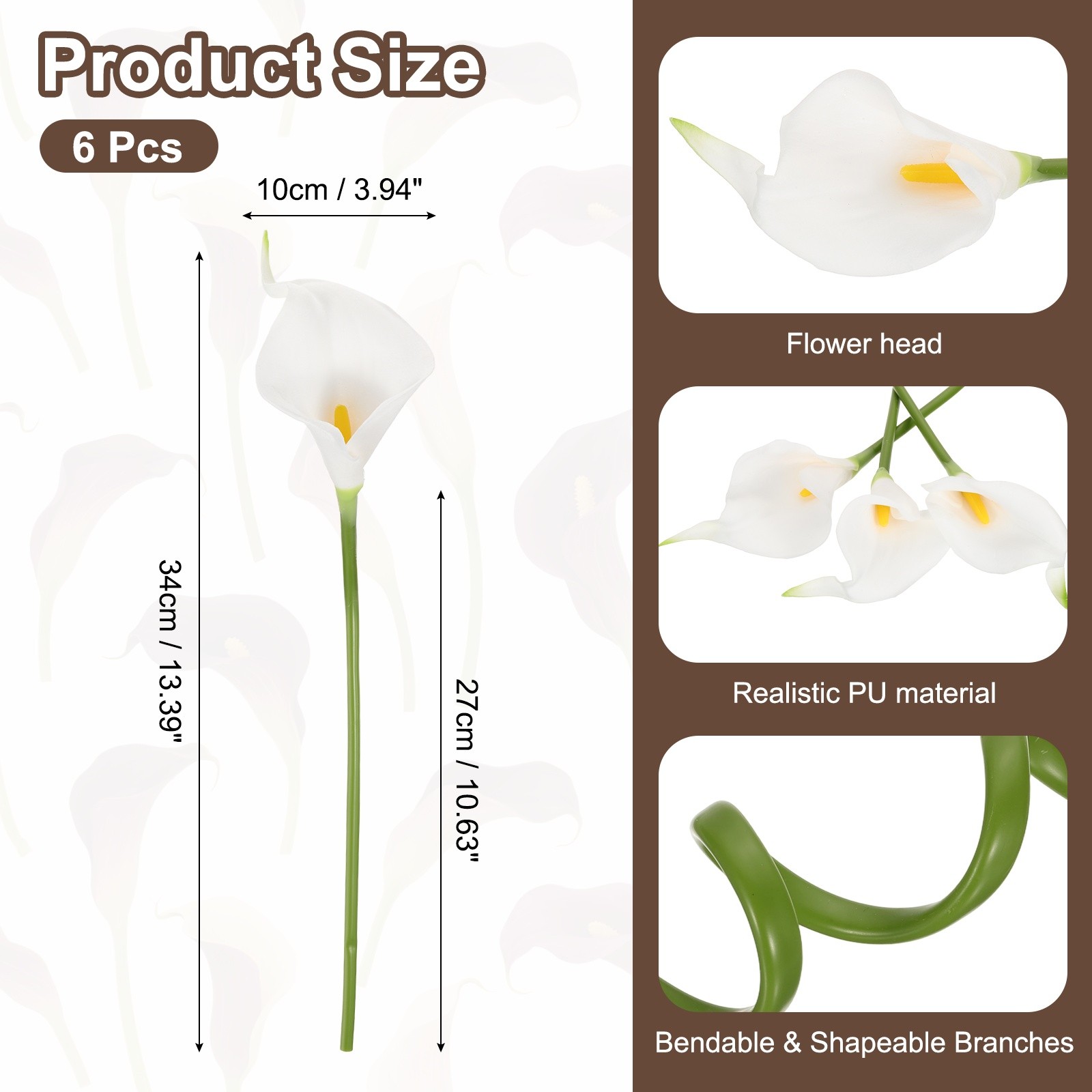 6Pcs 13 Inch Artificial Calla Lily Fake Flowers Real Touch White/Yellow]