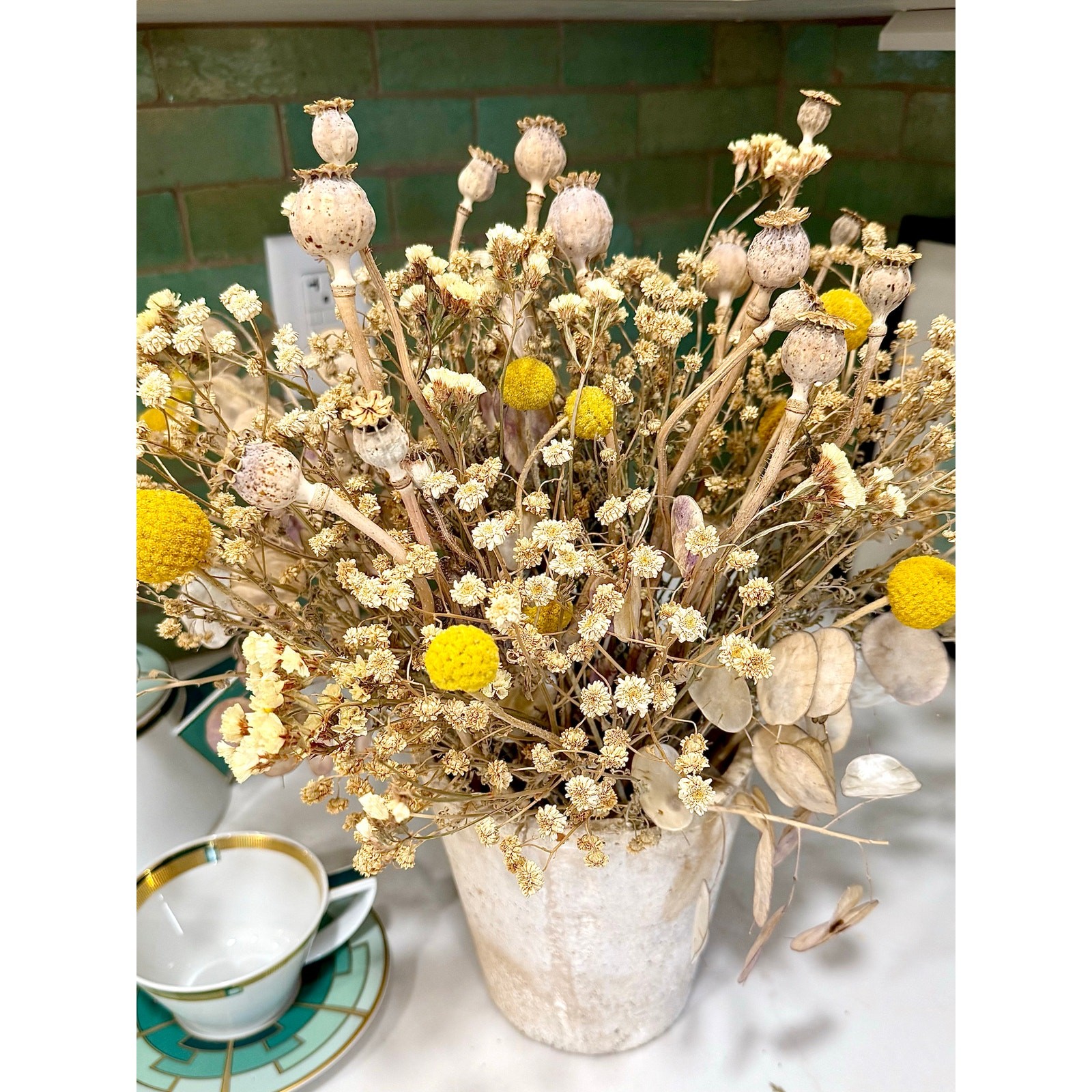 Dried Seed Pod Bouquet 16” Yellow Billy Buttons Boho Wedding Centerpiece Natural