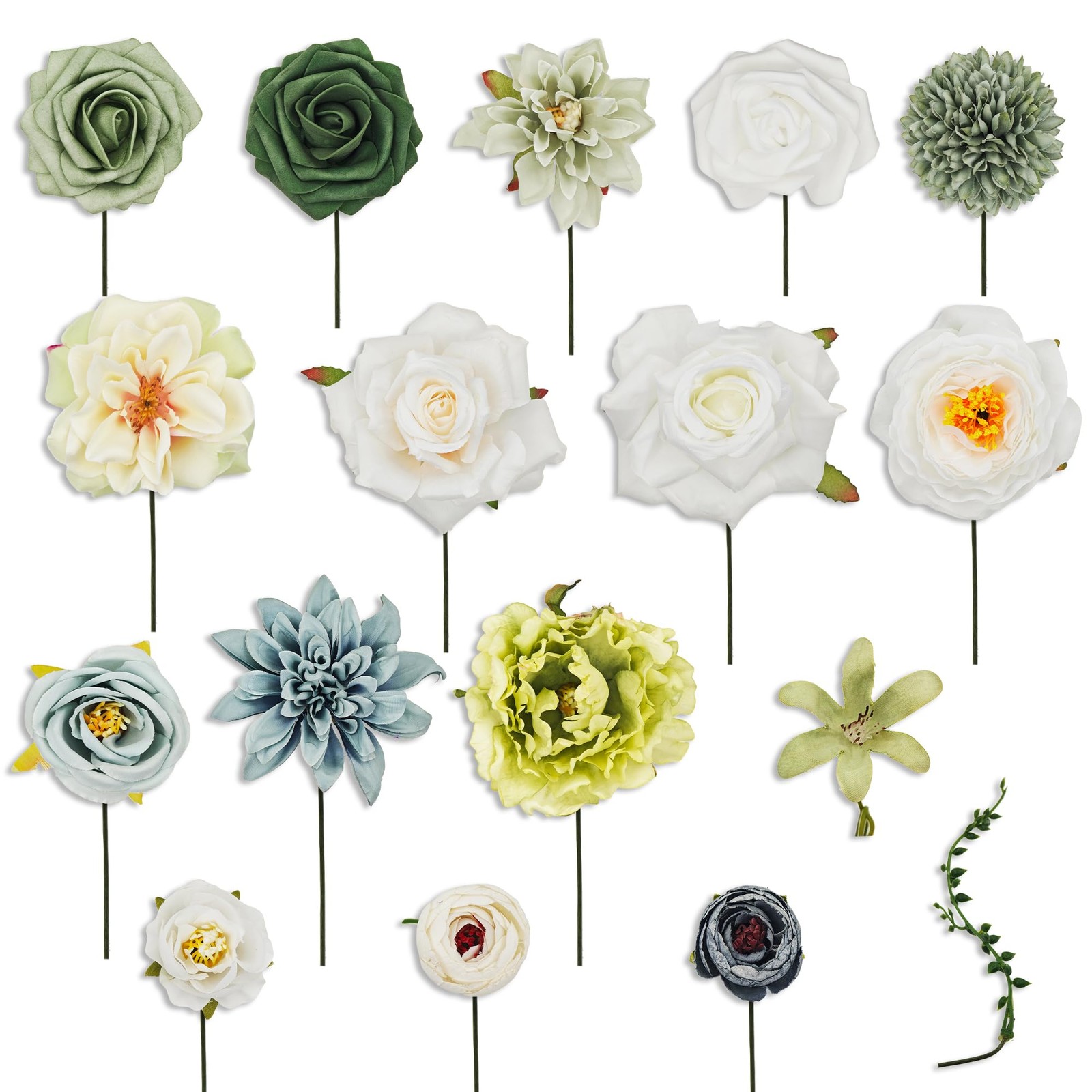 Green Artificial Silk Flowers Combo with Dahlias, Roses & Green Stems for DIY…