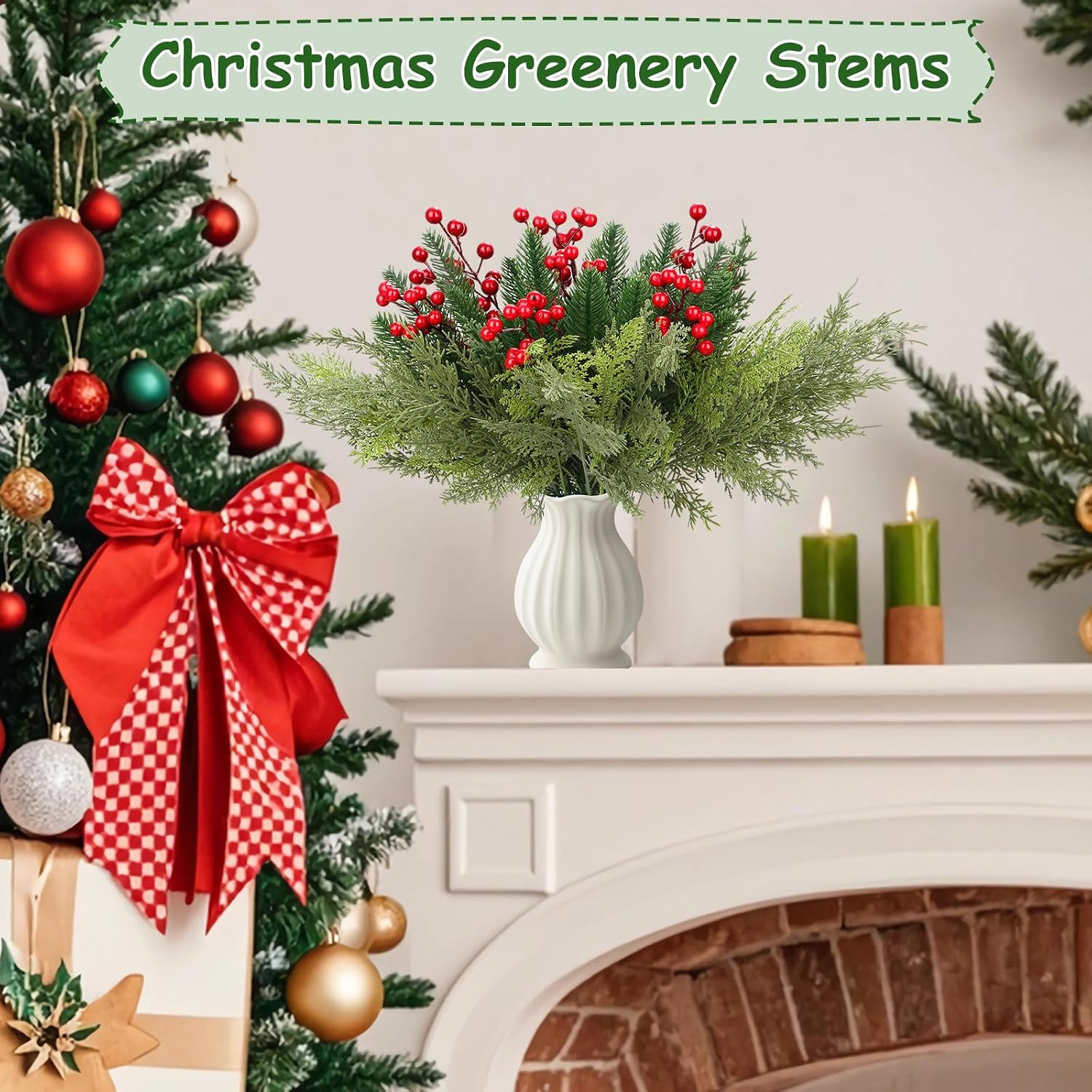 70 PCS Artificial Pine Branches with Berries, Christmas Greenery Fake Pine Needl
