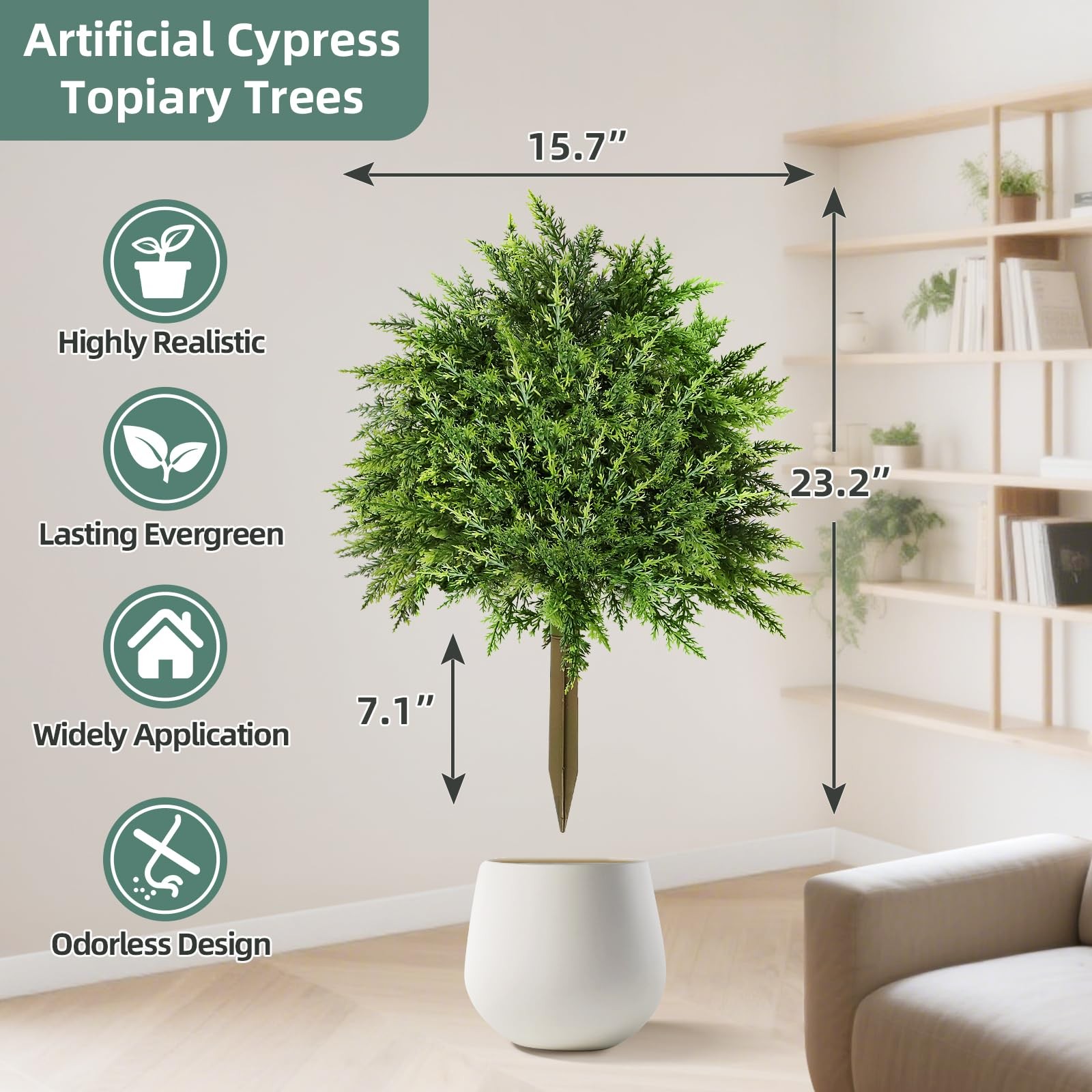 2 Pack Artificial Cedar Topiary Ball Trees, 23.2″ UV-Resistant Fake Cypress P…