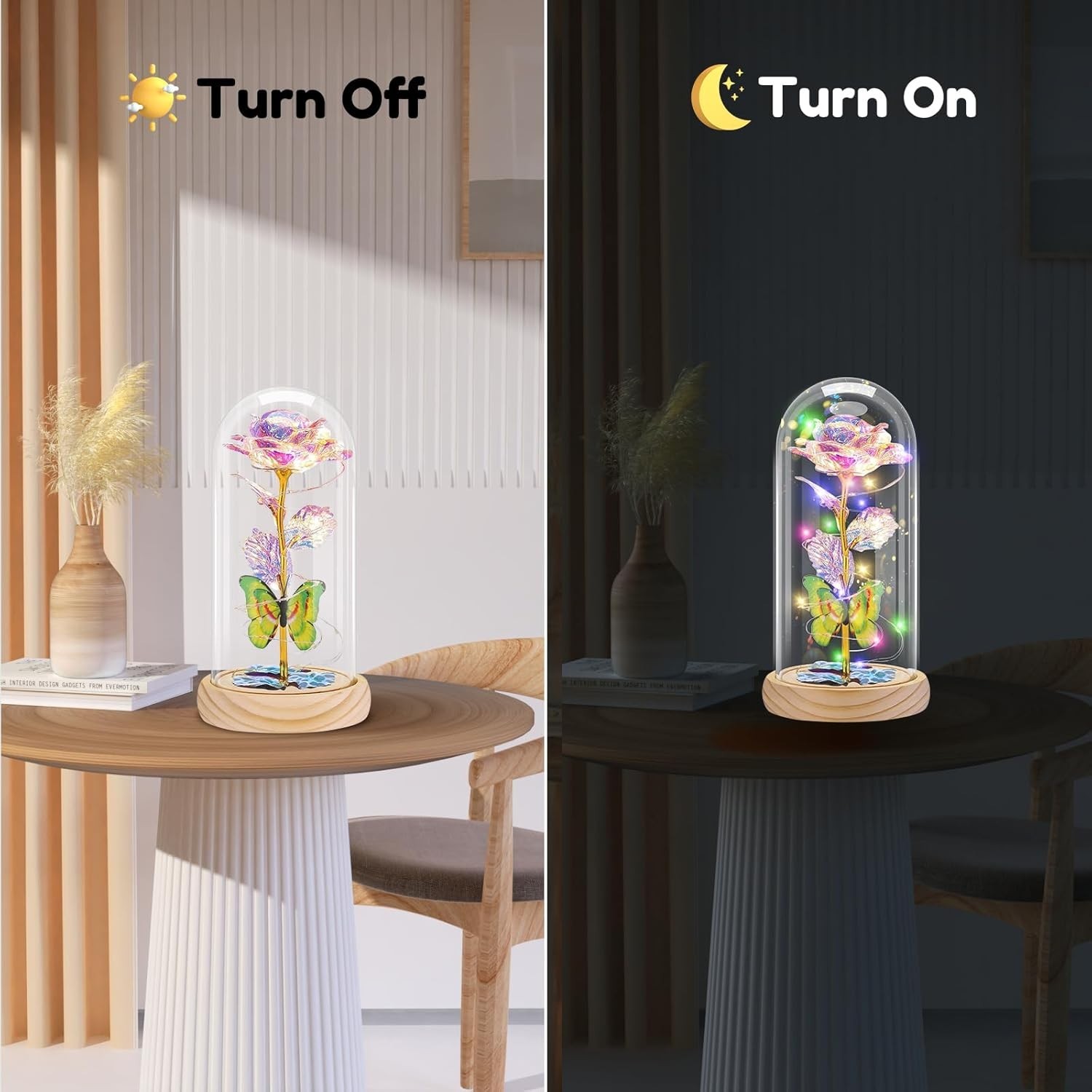 Preserved Rose Under Glass Dome with Butterfly and LED Lights – Home Decor