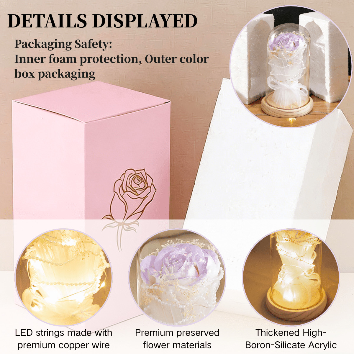 Preserved Rose Light Gifts in Glass Dome for Mom Wife LED Lights