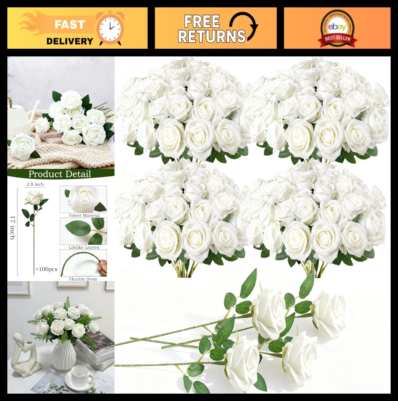 100 Pcs White Fake Roses – Velvet Silk Flowers for Wedding Decor, Home Centerpie