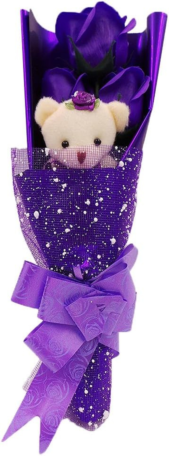 Flower Bouquet 3 Scented Soap Roses Gift Box with Cute Teddy Bear for Her Him Va