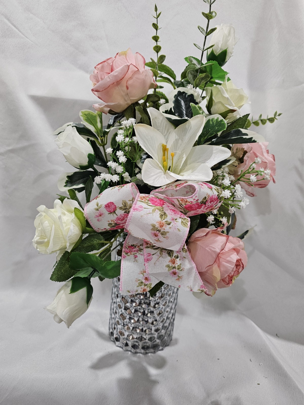 Pink Peoniesm, Roses and Lily Artificial Flowers with Baby Breath Accent