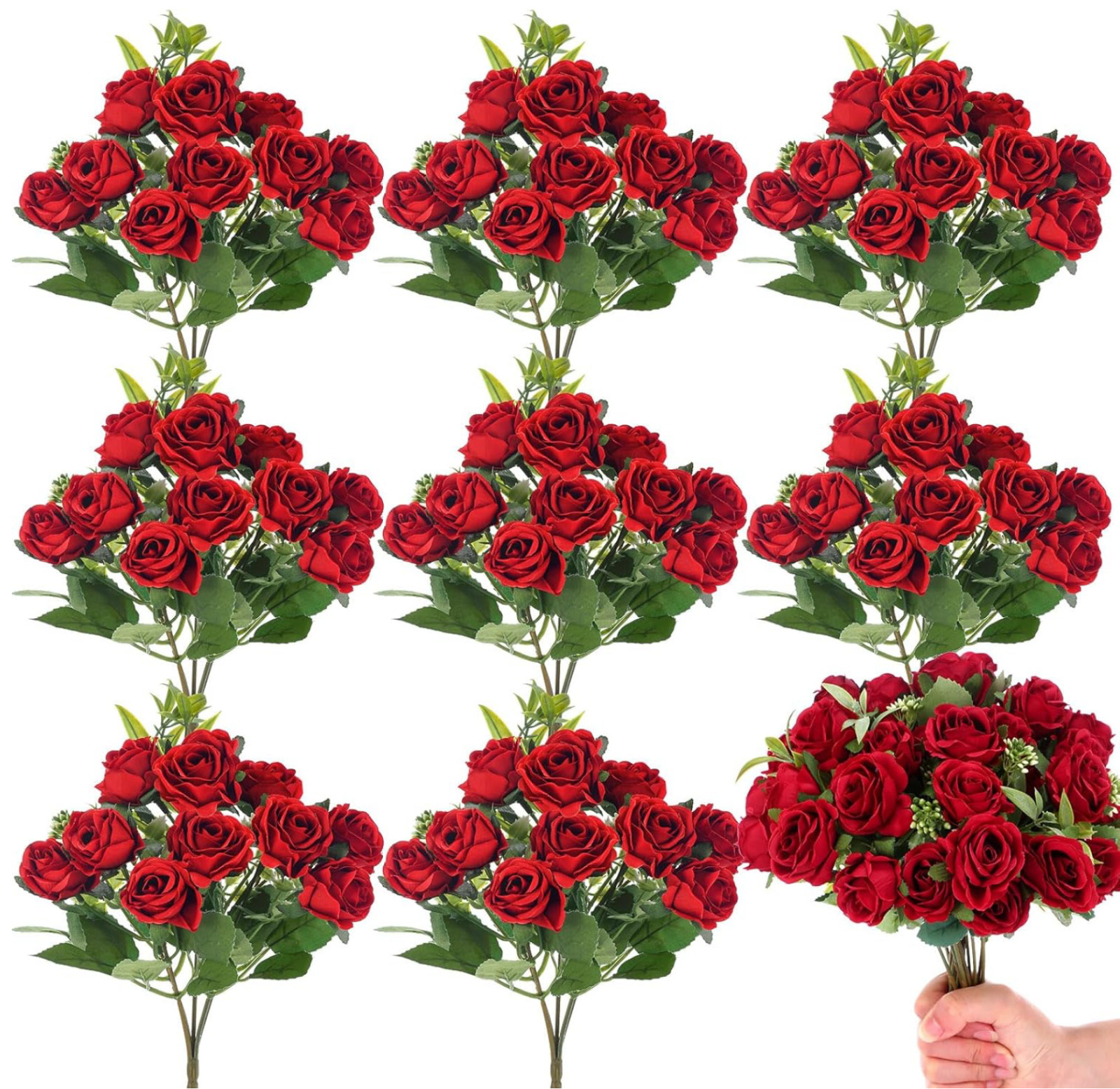 8 Pack 12 Inch Mini Red Roses Artificial Flowers Bouquets