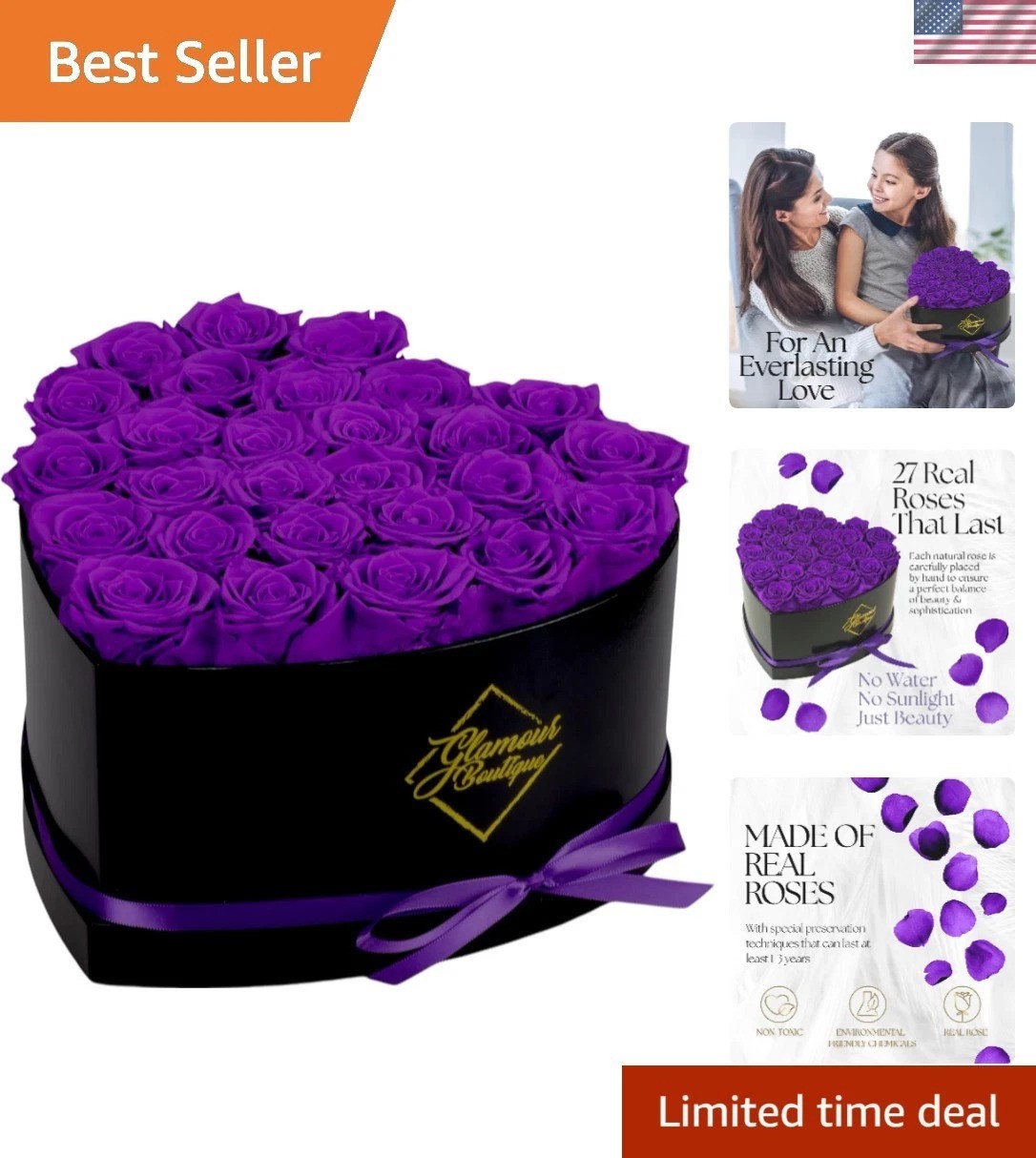 27 Eternal Preserved Roses Gift in Purple Heart Box – Maintenance-Free Splendor