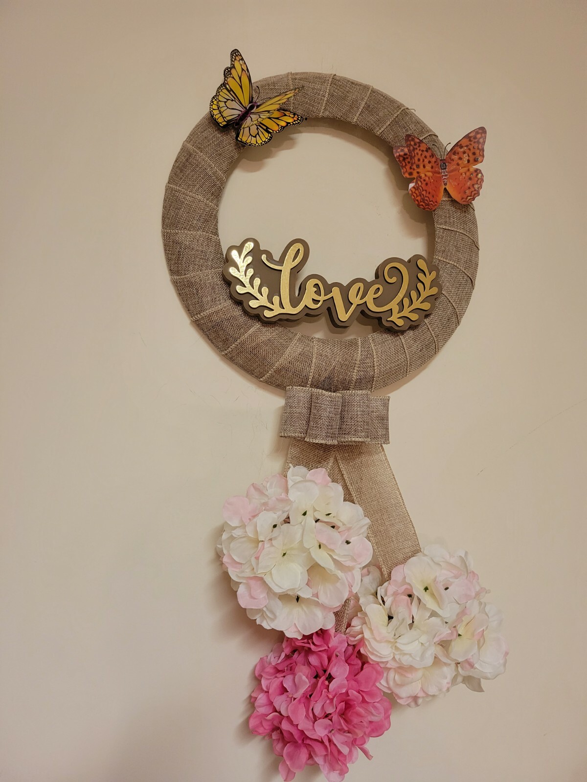 Golden LOVE coral 3D BUTTERFLY wreat WHITE PINK Hydrangeas burlap Front Door NEW
