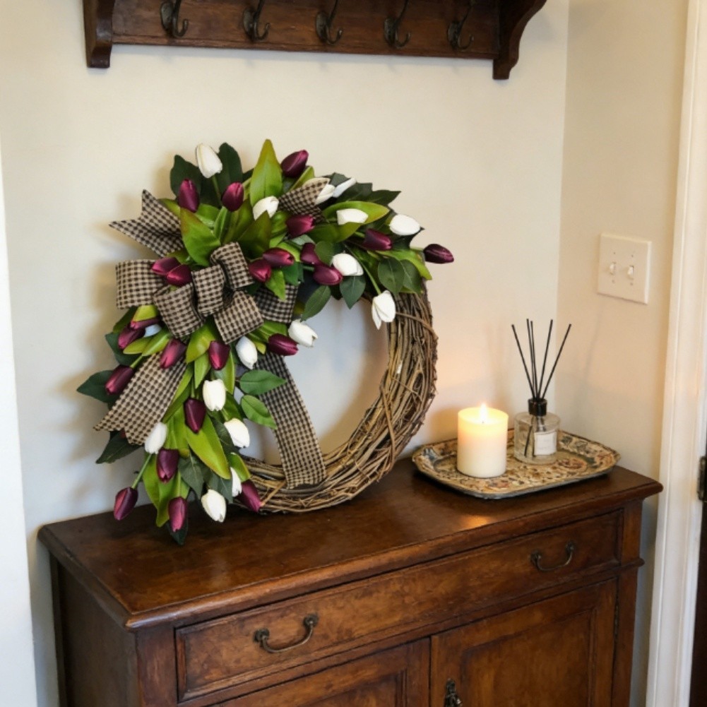 35cm Purple Tulip Wreath on Natural Rattan Base Spring Floral Home Decor