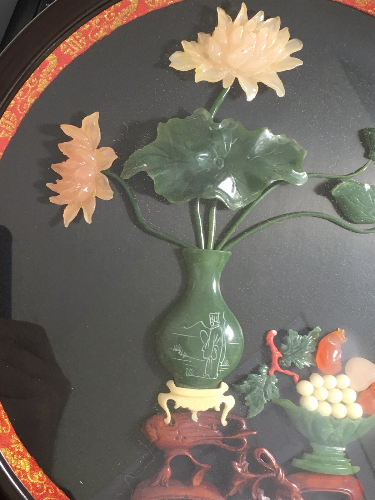 Vintage Beautiful Chinese Carved Green Jade Colored Flowers 12” Round Frame