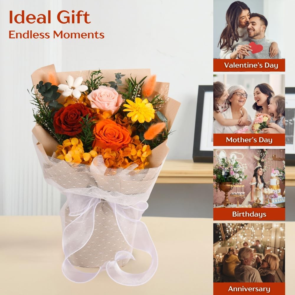 Forever Flowers Bouquet, Preserved Long-Lasting Orange Roses, Vase-Ready Arra…