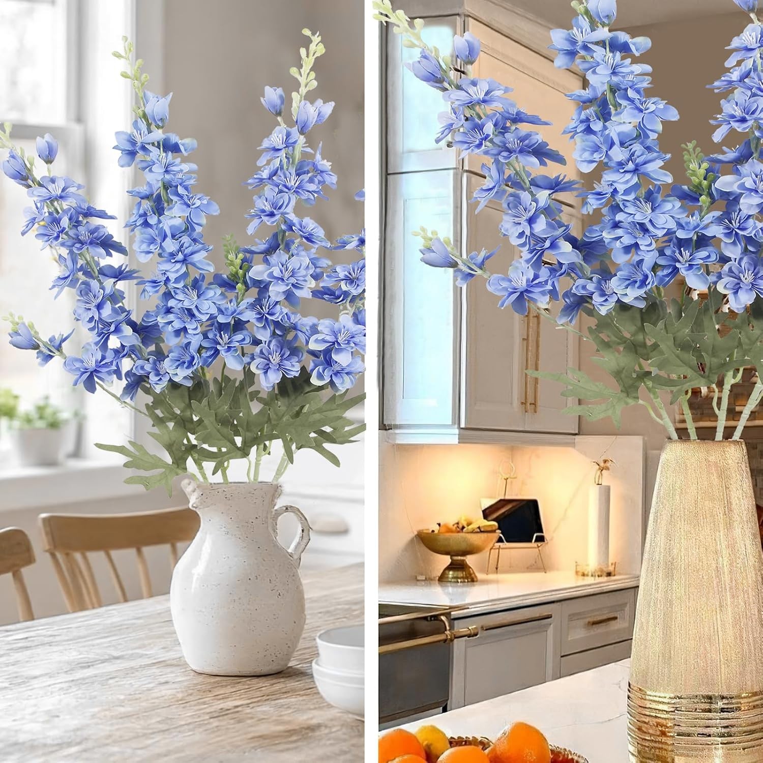 4PCS Blue Delphinium Artificial Silk Flowers 33.5″ Long Stem for Home & Wedding