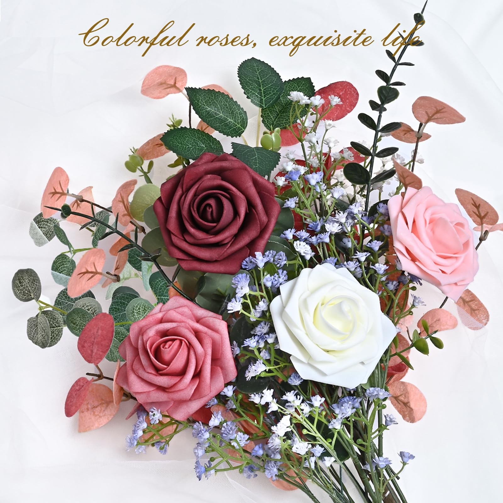 36Pcs Artificial Flowers Fake Roses with Stems, Gradient Burgundy Boxed Foam …