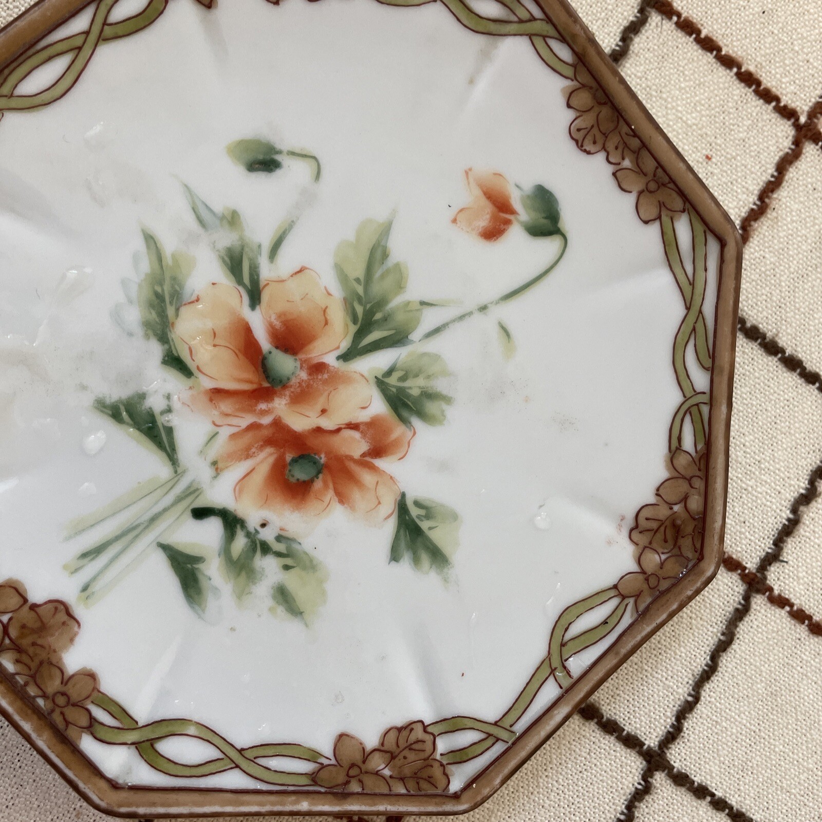 Antique NIPPON porcelain footed Planter Plate Poppy flowers Sun mark