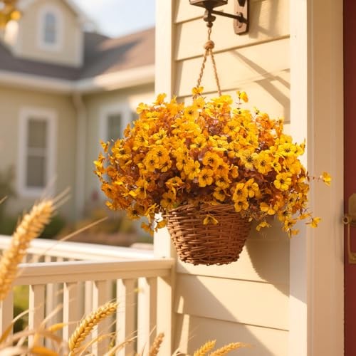 16 Bundles Artificial Fall Mums Outdoor UV Resistant, Fake Silk Fall Yellow