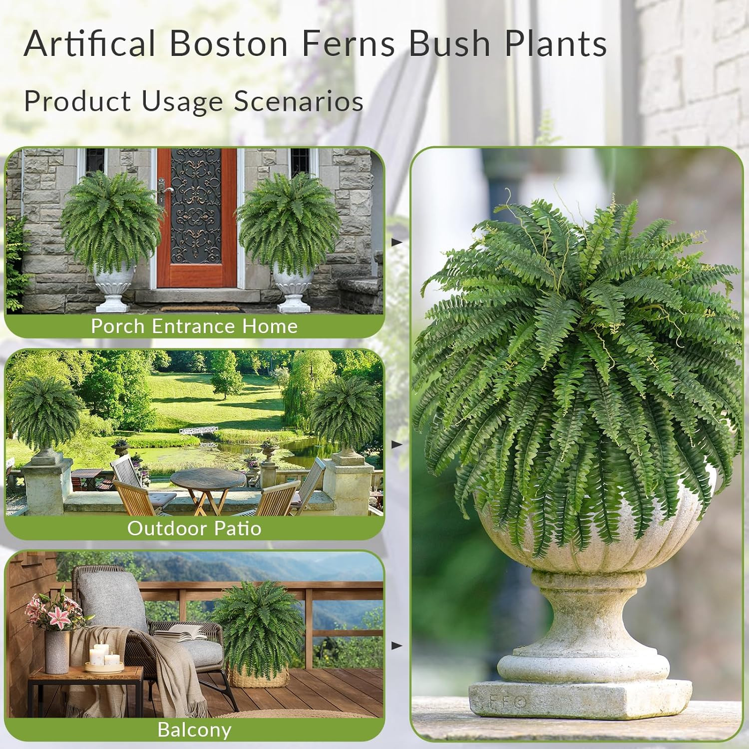 50″ Artificial Boston Ferns, Fake Bush Plants, Large Faux Ferns with 96 Fronds f