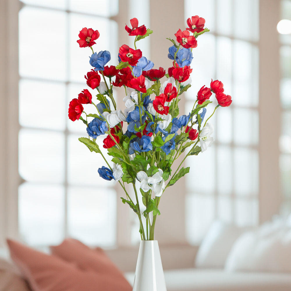 Set of 2 Red, White and Blue Patriotic Soft Poly Silk Cosmos 22″ Floral Bushes