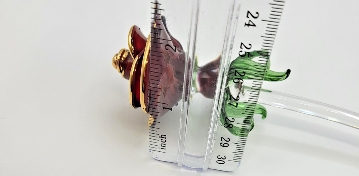 Art Glass Long 11.5″ Single Red Rose w Gold Trim Petals Clear Stem Green Thorns