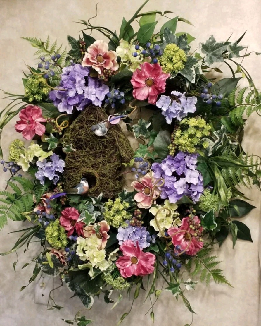Flower Wreath Bird Decor Arrangement Spring Summer Wall Hanging