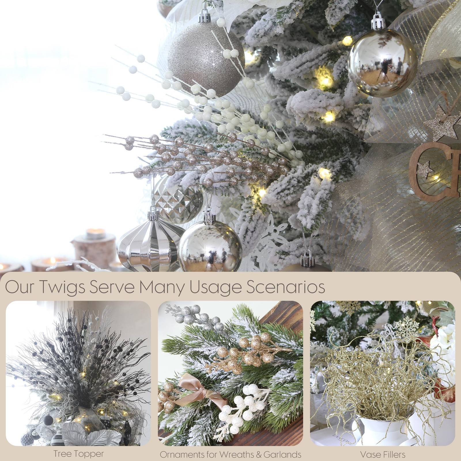 24-Pack Artificial Glitter Berry Stem Ornaments, Decorative Bead Sticks, Glitte