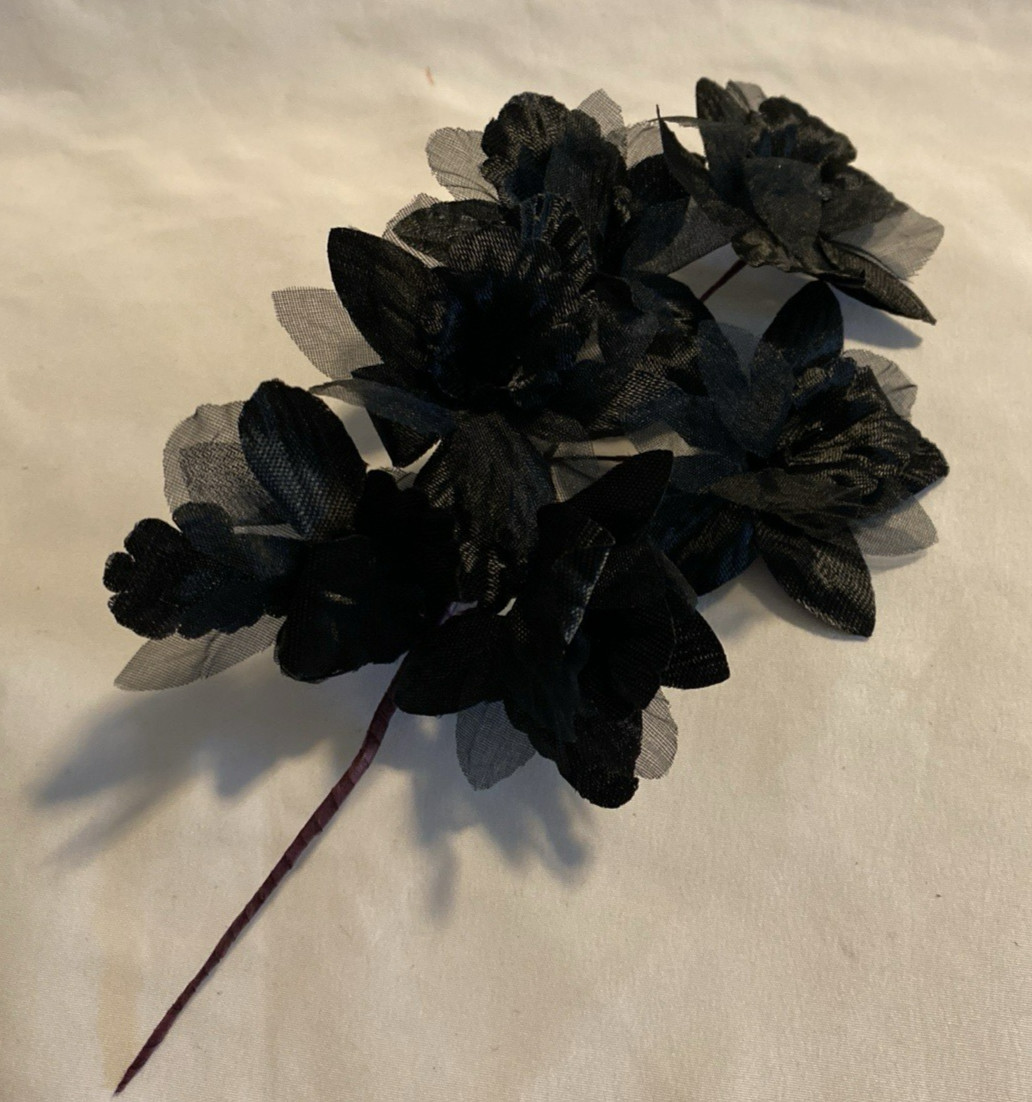 12 Black Floral Picks Halloween, Goth, Wedding, Black Tie Event 8″