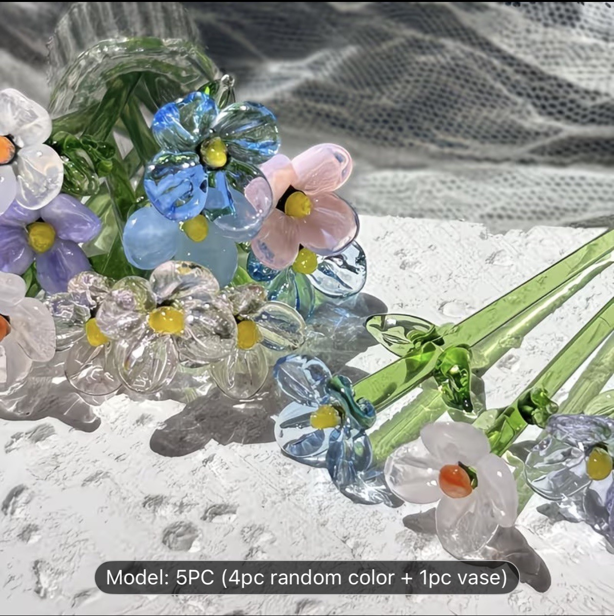 Colorful Handmade Mini Glass Flower Bouquets with Vase – Charming Centerpiece