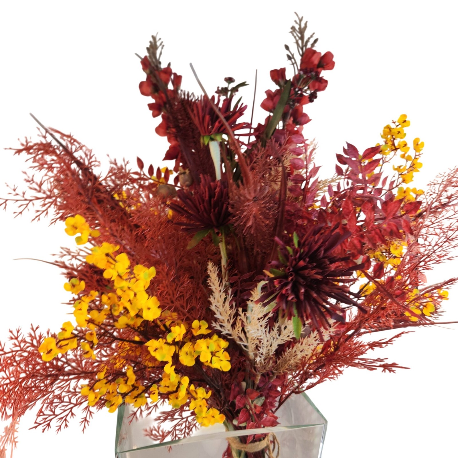 Hand Tied Artificial Flower Bouquet With Dark Reds and Yellow Wildflower mixture