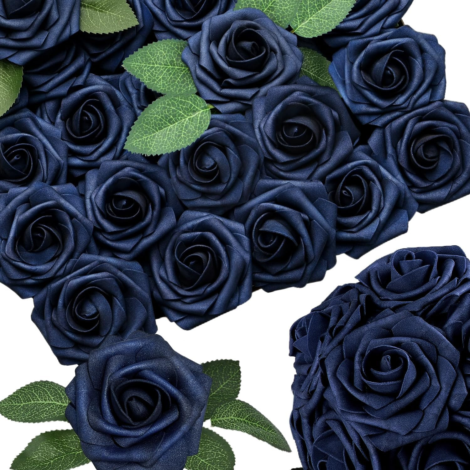 25pcs Navy Blue Artificial Flowers Decorations, Real Touch Foam Fake Rose with S