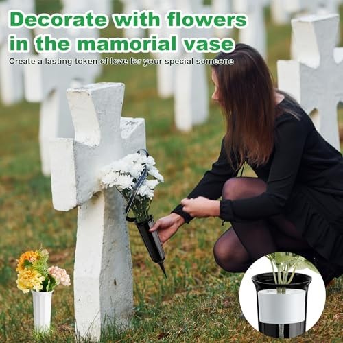 Cemetery Grave Flower Vases W/ Spikes Floral Holder PP Plastic Black White 12Pc