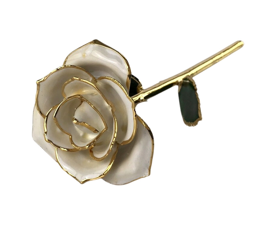 24K Gold Dipped White Rose Long Stem Forever Preserved Rose Flower Lacquered