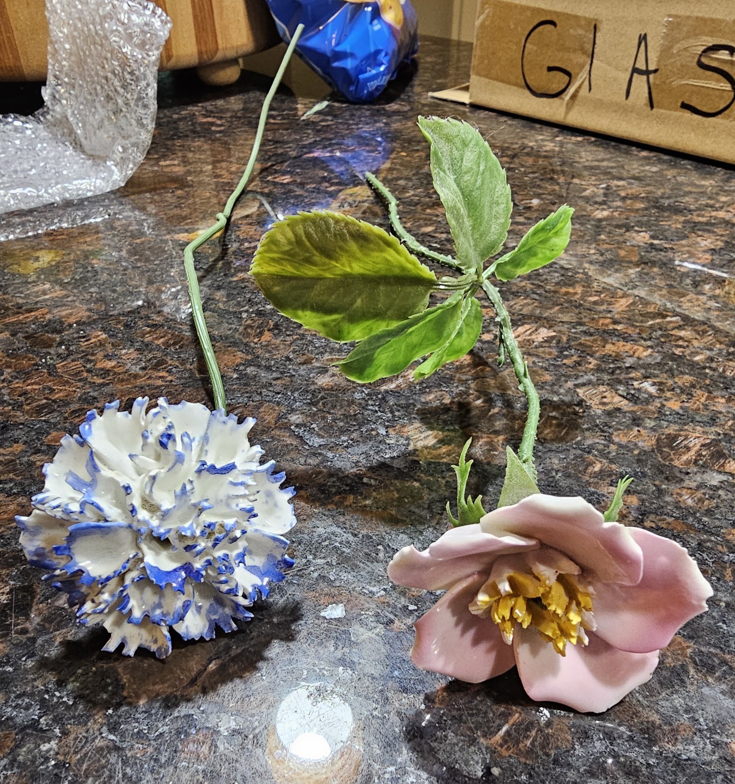 Vintage Porcelain Rose & Carnation with Plastic Wire Stem Lot Of 2 Flowers