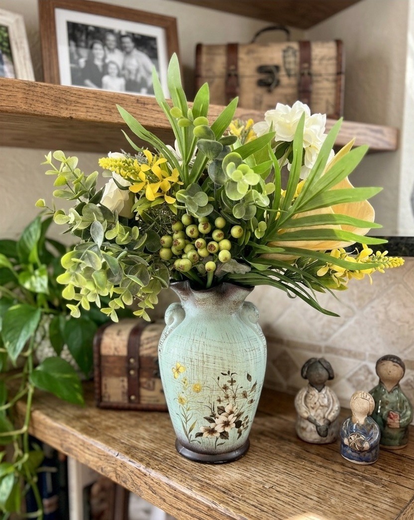 Faux Floral Arrangement in Ceramic Vase Yellow White Home Table Centerpiece