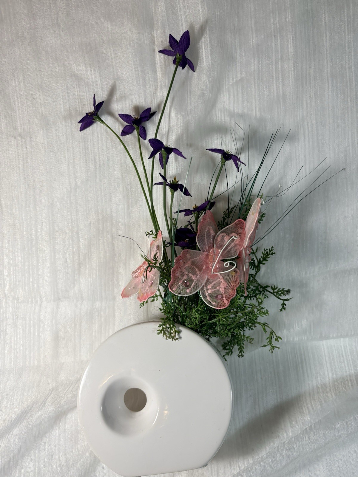 Artificial Purple Flower Arrangement with Pink Butterfly in White Ceramic Vase