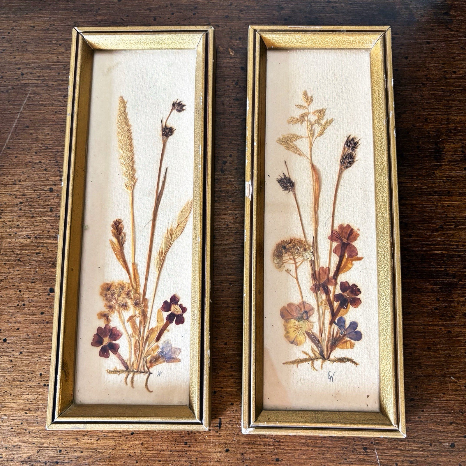 Set Vintage Pressed Flower Framed East Germany 7.5”x2.75” Cottage Core Signed