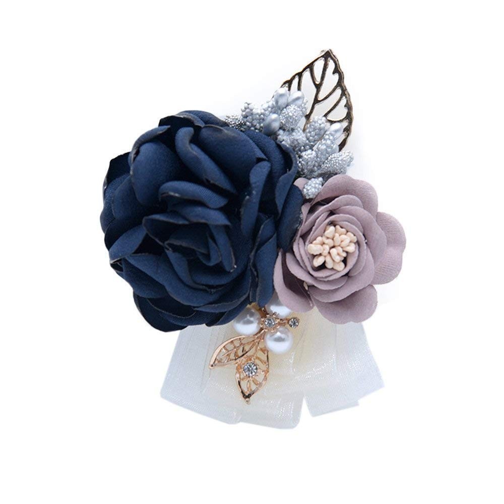Rose Wedding Wrist Corsage Boutonniere Set Party Prom Ribbon Decor Dark Blue