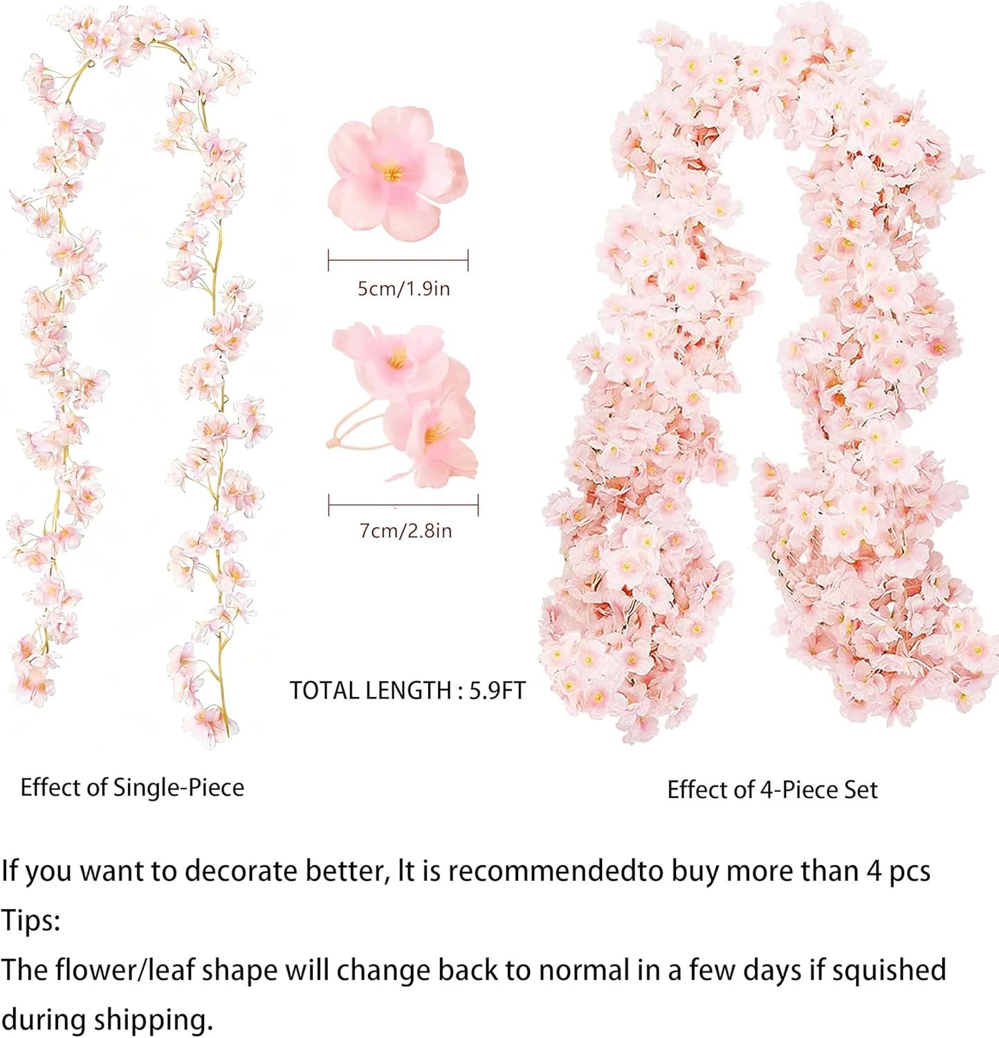 Artificial Cherry Blossom Garland 2 Pack Pink Flowers for Wedding Home Decor
