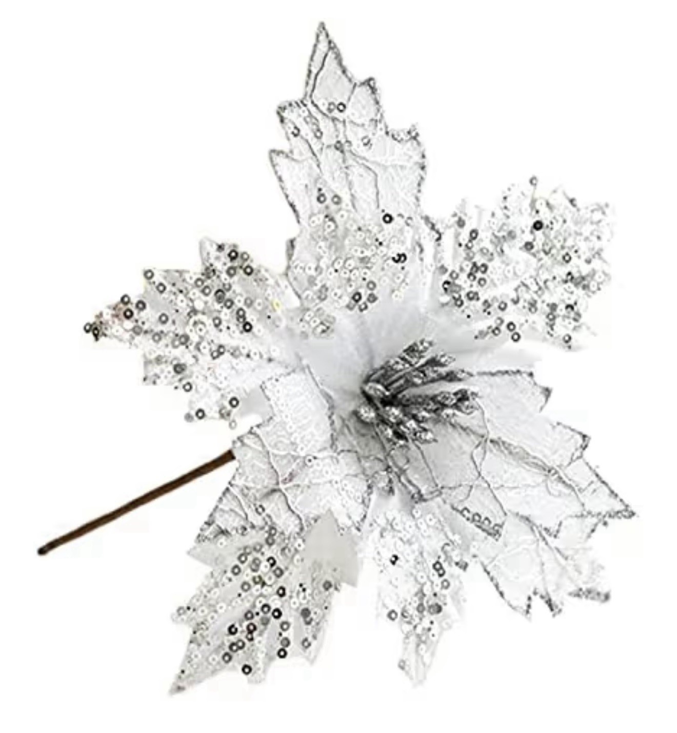 6PCS Poinsettias Christmas Tree Flowers 9.8” Artificial White/Silver (T-34)