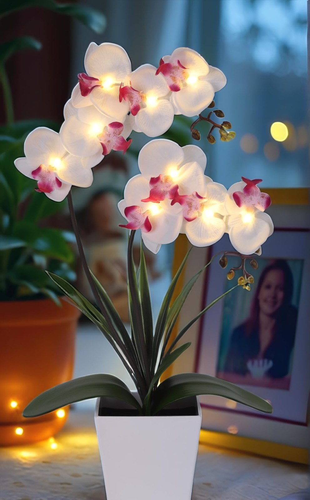 LED Orchid Lamp – Lighted Faux Phalaenopsis Flower Arrangement, Pre-Lit Decor