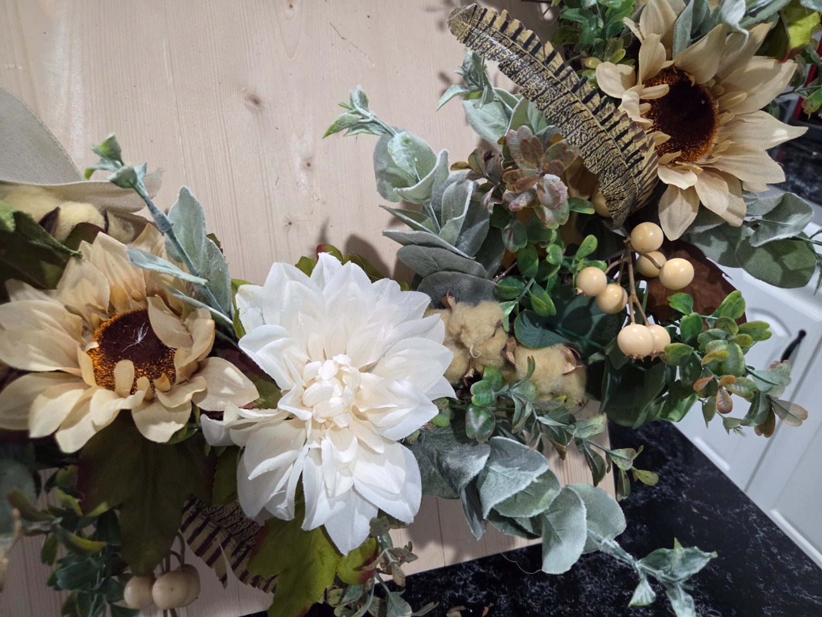 Organic Mixed Silk Flowers Wreath with Tea-Stained Cotton Bolls