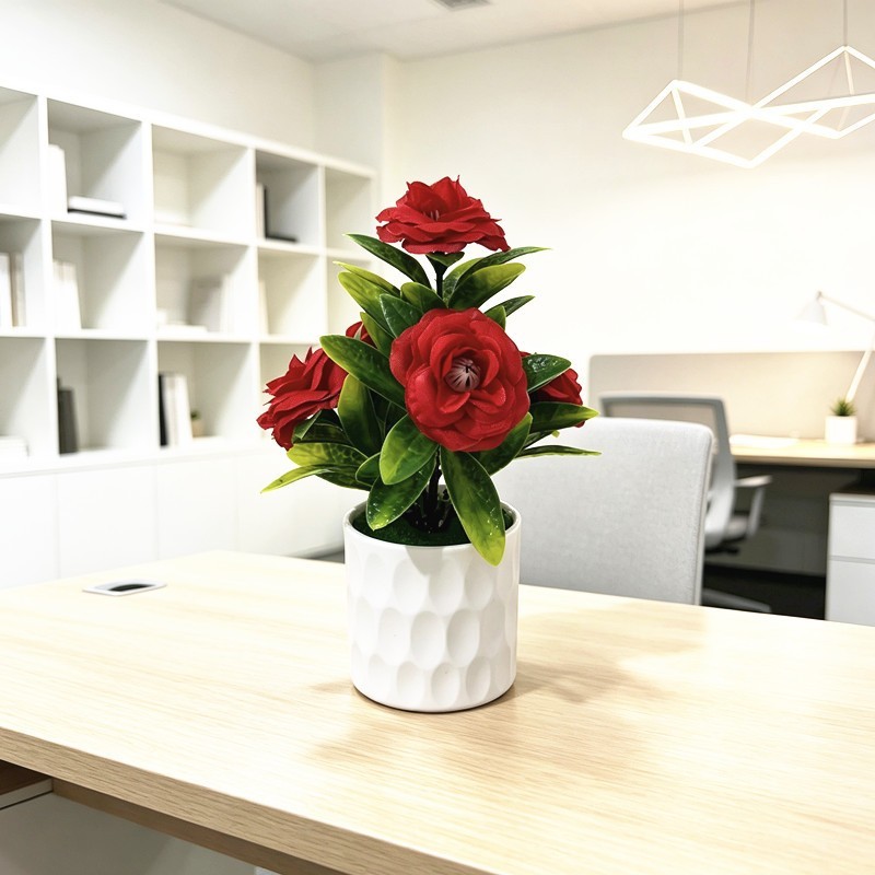 Silk Plant with 5 Realistic Blooms in White Pot for Office Desk Use
