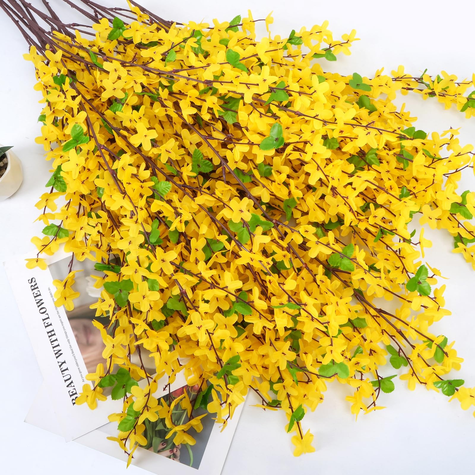 10PCS 34.65” Artificial Forsythia Branches Yellow Flowers Fake Forsythia Blo…