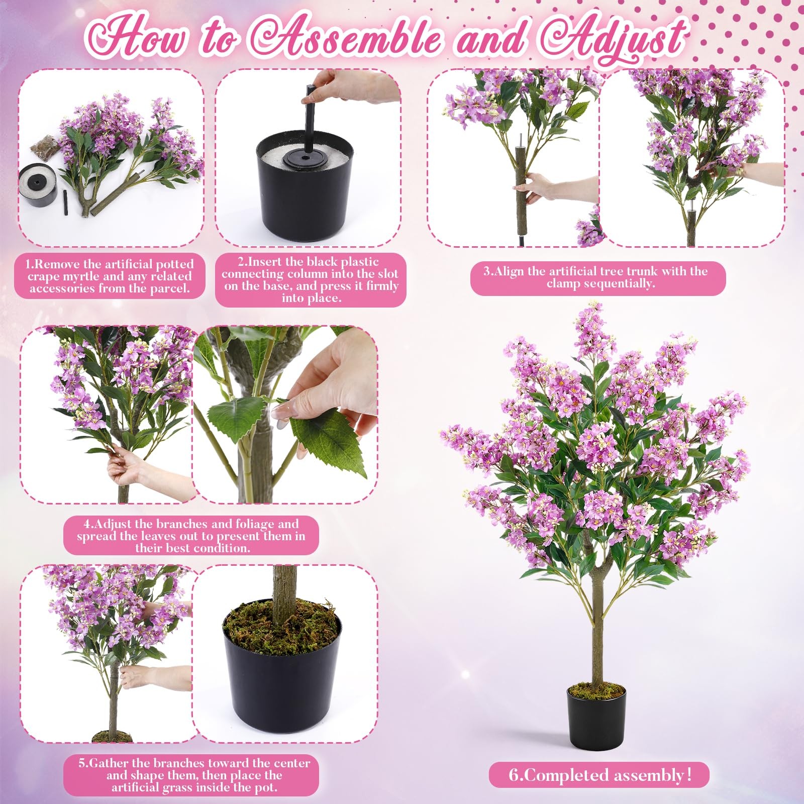 1 Pack 3.5 ft Artificial Purple Crape Myrtle Tree Plant, 42 Inch Faux Bloomin…