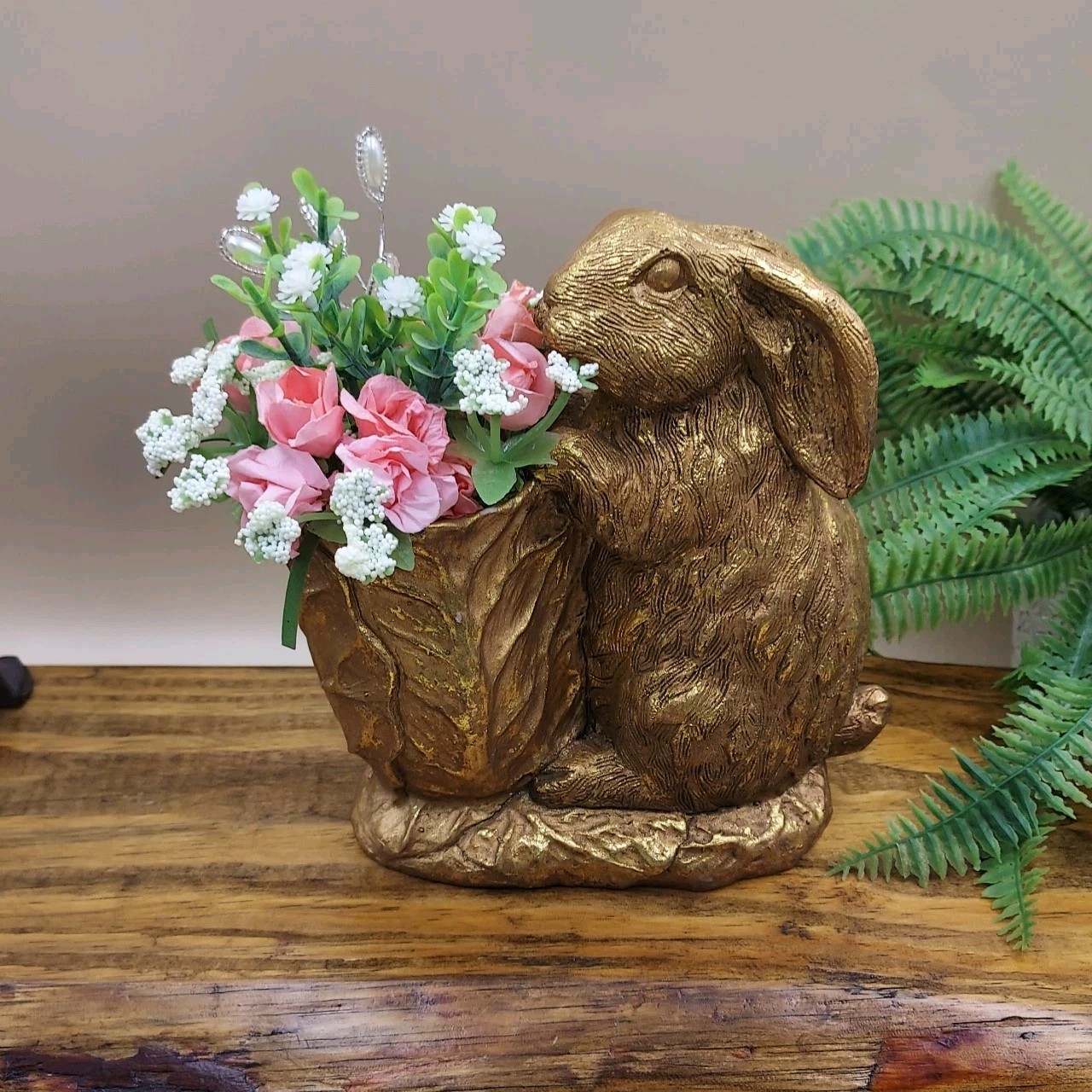 BUNNY & CABBAGE PLANTER Table Decor Gold Rabbit w Pink Mini Roses / Flowers