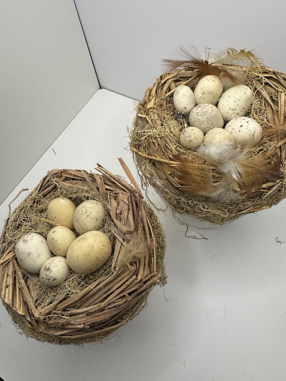 Artificial Bird Nest Planter with Faux Eggs, Feathers, White Base, Spring Decor